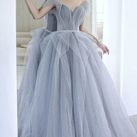 Blue tulle long prom dress blue evening dress - Thumbnail 6