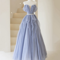 Blue Tulle Long Prom Dress Blue Evening Dress - Thumbnail 1