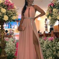 SP2033,Blush pink chiffon long halter prom dress evening dresses long formal gown with side slit - Thumbnail 1