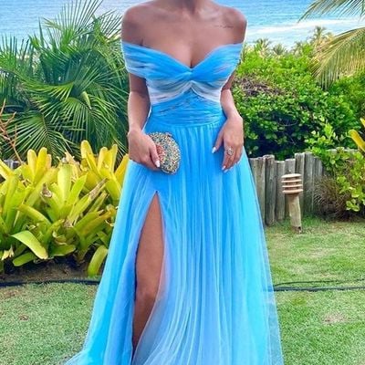 Sp2040,blue white off the shoulder pleated tulle prom evening dresses with side slit