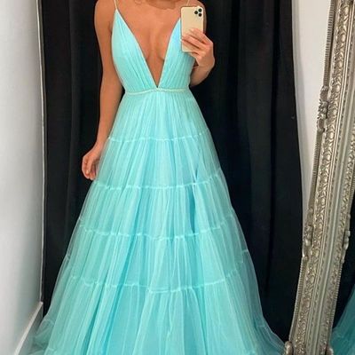 Sp2041,fairy a line v neck spaghetti straps lake blue tulle prom dresses - Thumbnail 1