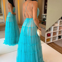 SP2051,A-line Spaghetti Straps V-neck Sky Blue Tulle Long Formal Evening Dress - Thumbnail 1