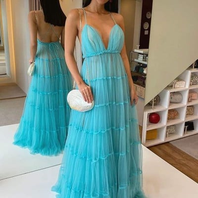 Sp2051,a-line spaghetti straps v-neck sky blue tulle long formal evening dress