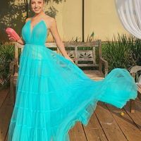 SP2051,A-line Spaghetti Straps V-neck Sky Blue Tulle Long Formal Evening Dress - Thumbnail 2