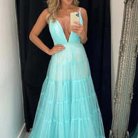 SP2041,Fairy A Line V Neck Spaghetti Straps Lake Blue Tulle Prom Dresses - Thumbnail 1
