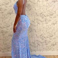SP2044,V-Neck Light Blue Sequins Mermaid Long Prom Dress - Thumbnail 1