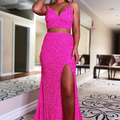 Sp2046,two piece neon pink sequins mermaid prom dress - Thumbnail 2