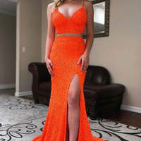 SP2046,Two Piece Neon Pink Sequins Mermaid Prom Dress - Thumbnail 1