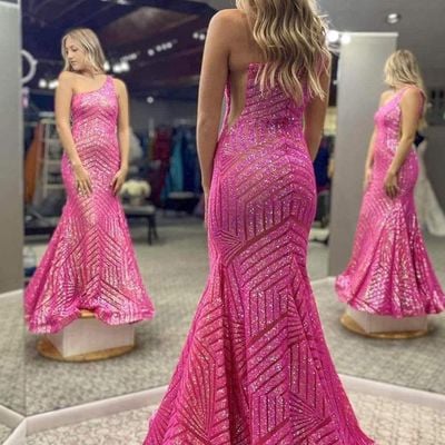 Sp2048,mermaid one shoulder hot pink long prom dress