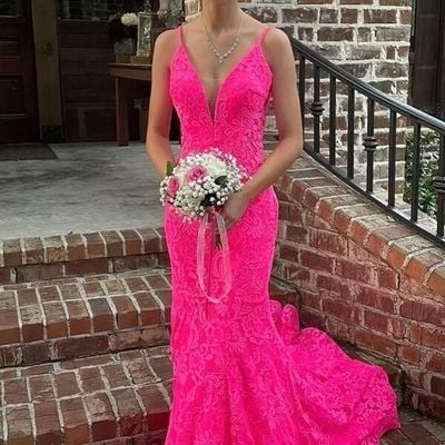 Sp2049,hot pink mermaid lace prom dresses v-neck trumpet long prom evening dress