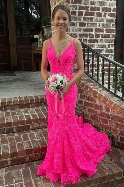 SP2049,Hot pink mermaid lace prom dresses v-neck trumpet long prom evening dress