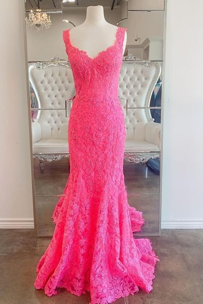 SP2050,Mermaid Hot Pink Lace Long Prom Dress
