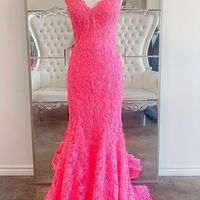 SP2050,Mermaid Hot Pink Lace Long Prom Dress - Thumbnail 1