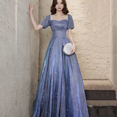 Blue satin long prom dress a line evening dress - Thumbnail 1