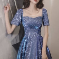 Blue satin long prom dress A line evening dress - Thumbnail 1