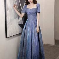 Blue satin long prom dress A line evening dress - Thumbnail 2
