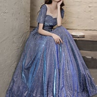 Blue satin long prom dress A line evening dress - Thumbnail 3