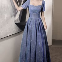 Blue satin long prom dress A line evening dress - Thumbnail 4