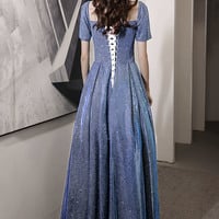 Blue satin long prom dress A line evening dress - Thumbnail 5