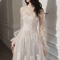 Stylish tulle lace long prom dress A line evening dress - Thumbnail 3