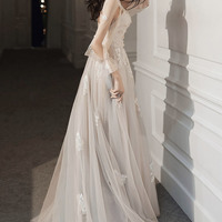 Stylish tulle lace long prom dress A line evening dress - Thumbnail 5