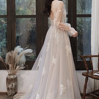 Stylish tulle lace long prom dress A line evening dress - Thumbnail 6