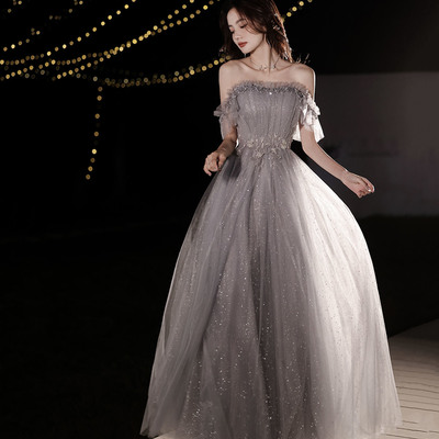 Gray tulle sequins long prom dress a line evening dress - Thumbnail 3