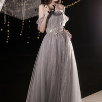 Gray tulle sequins long prom dress A line evening dress - Thumbnail 3