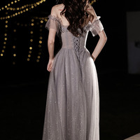 Gray tulle sequins long prom dress A line evening dress - Thumbnail 4