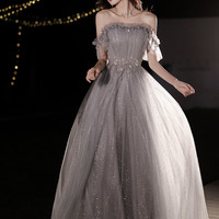 Gray tulle sequins long prom dress A line evening dress - Thumbnail 5