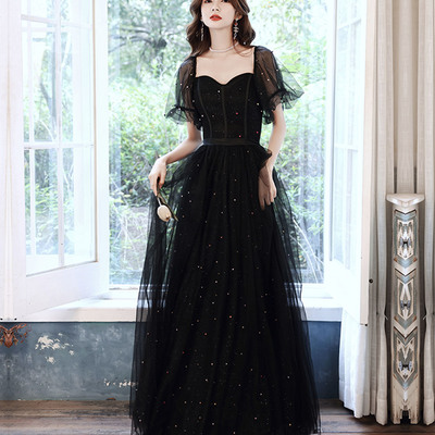 Black tulle sequins long prom dress a line evening dress - Thumbnail 5
