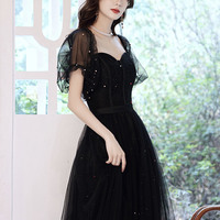 Black tulle sequins long prom dress A line evening dress - Thumbnail 3