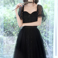 Black tulle sequins long prom dress A line evening dress - Thumbnail 5