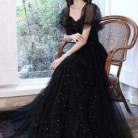 Black tulle sequins long prom dress A line evening dress - Thumbnail 6