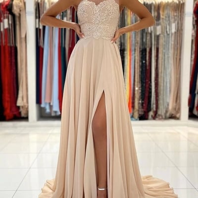 Elegant a-line one shoulder champagne chiffon long prom dresses with lace appliques