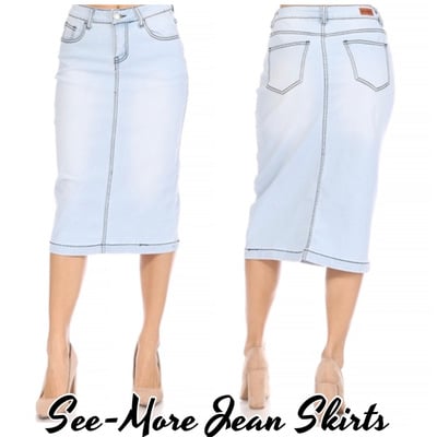 Skye mid length light indigo wash denim skirt