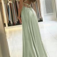 A Line Sage Green Straps Satin Backless Prom Dress with Pockets - Thumbnail 1
