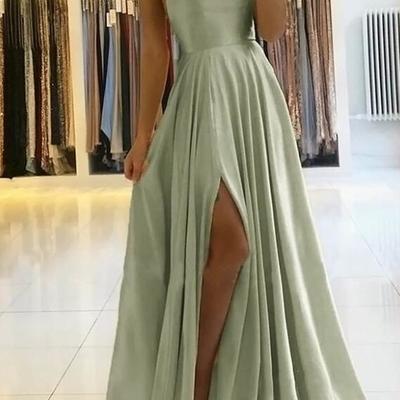 A line sage green straps satin backless prom dress with pockets - Thumbnail 2