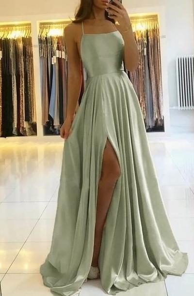 A Line Sage Green Straps Satin Backless Prom Dress with Pockets