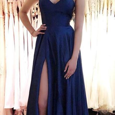 Simple open back navy blue satin long prom dresses,evening party dresses - Thumbnail 4