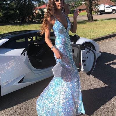 Mermaid v neck light blue sequins prom dresses  - Thumbnail 2