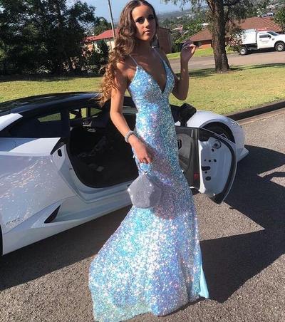 Mermaid V Neck Light Blue Sequins Prom Dresses 