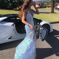 Mermaid V Neck Light Blue Sequins Prom Dresses  - Thumbnail 1