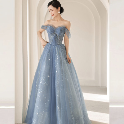 Blue tulle beads long prom dress blue evening dress - Thumbnail 2