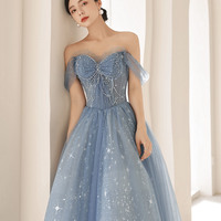 Blue tulle beads long prom dress blue evening dress - Thumbnail 2