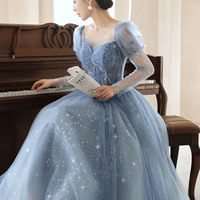 Blue tulle beads long prom dress blue evening dress - Thumbnail 3