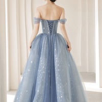 Blue tulle beads long prom dress blue evening dress - Thumbnail 4