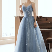 Blue tulle beads long prom dress blue evening dress - Thumbnail 5