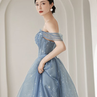 Blue tulle beads long prom dress blue evening dress - Thumbnail 6