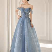 Blue tulle beads long prom dress blue evening dress - Thumbnail 7
